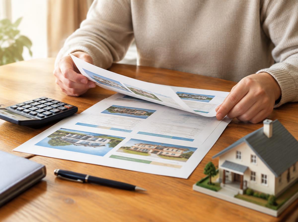 Homeowner reviewing recent home sales with a calculator and model house