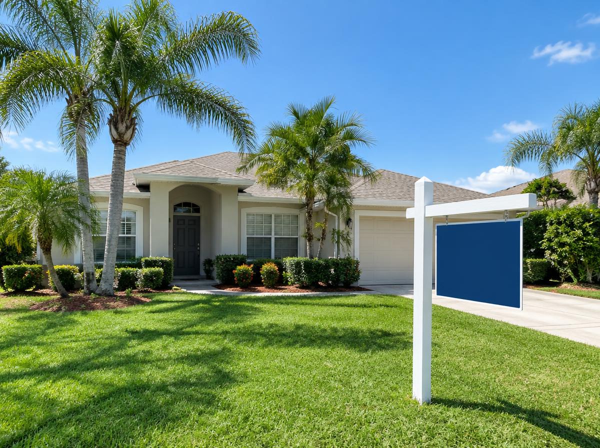 Single-story Florida home with palm trees and a for-sale sign in the yard